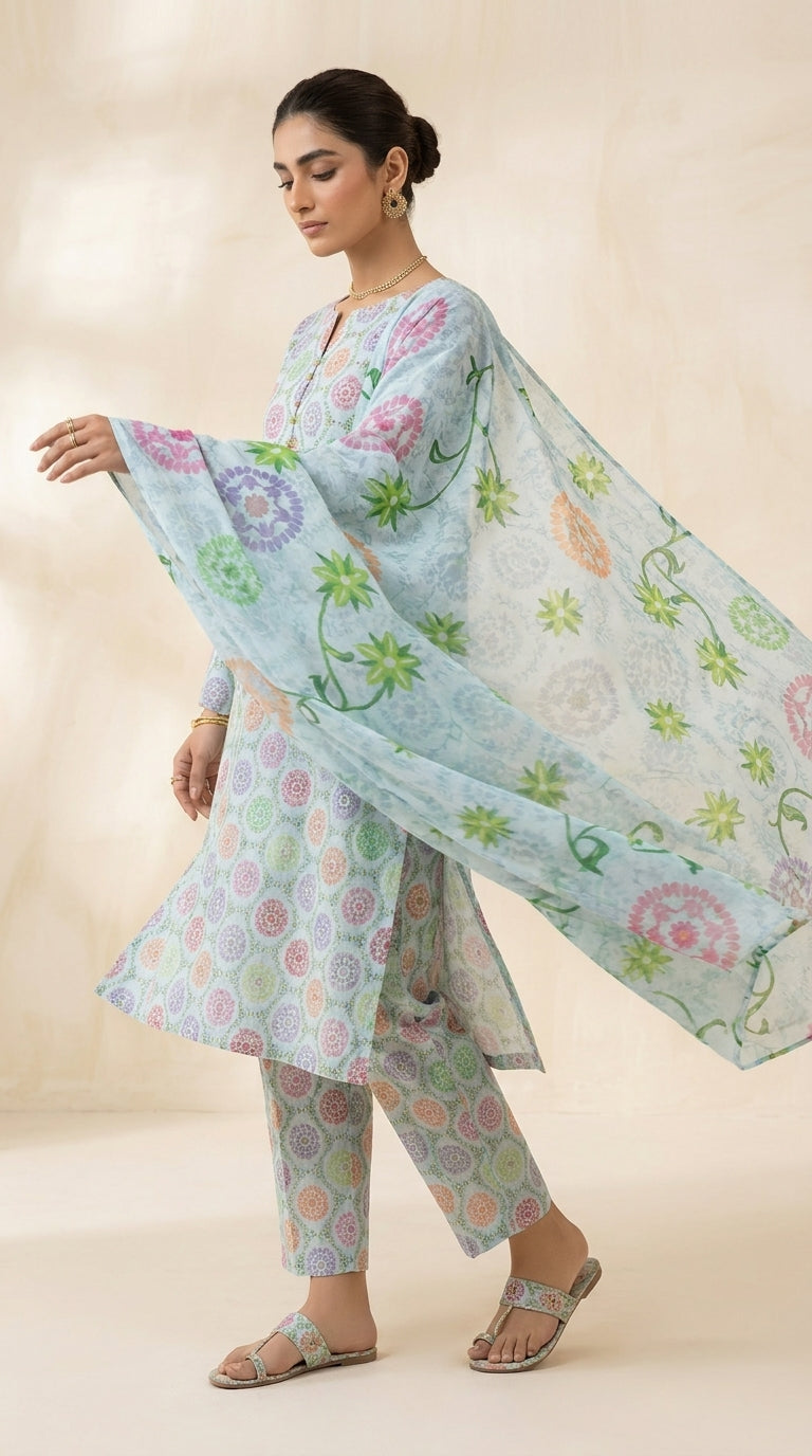 Full length front view of a model in a powder blue pastel medallion lawn suit standing under a Moroccan arch with desert plants in the background, contrast tropical floral chiffon dupatta flowing