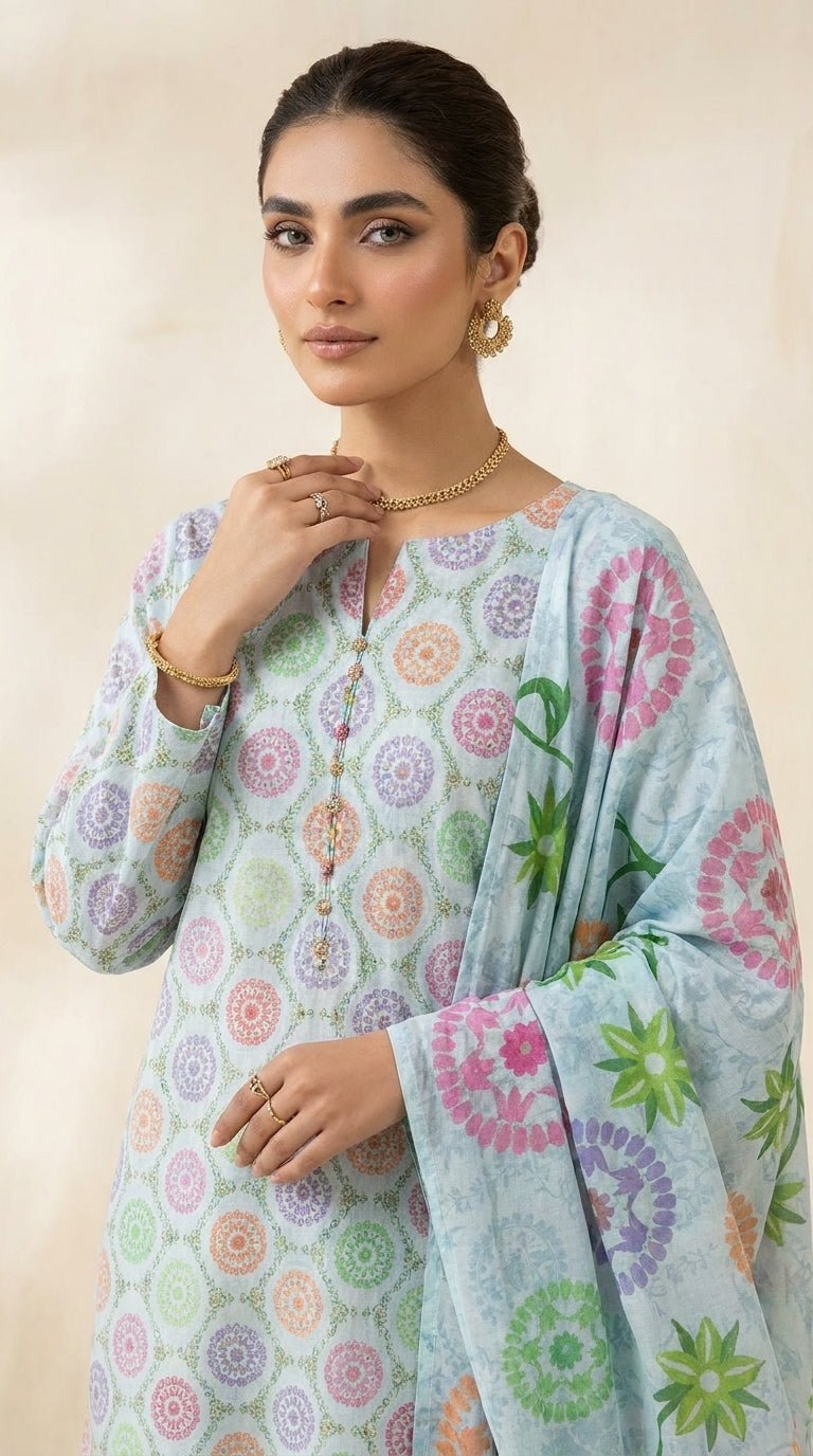 Close-up detail of the jewelled button placket on a powder blue pastel medallion luxury lawn shirt, contrast tropical floral chiffon dupatta draped alongside