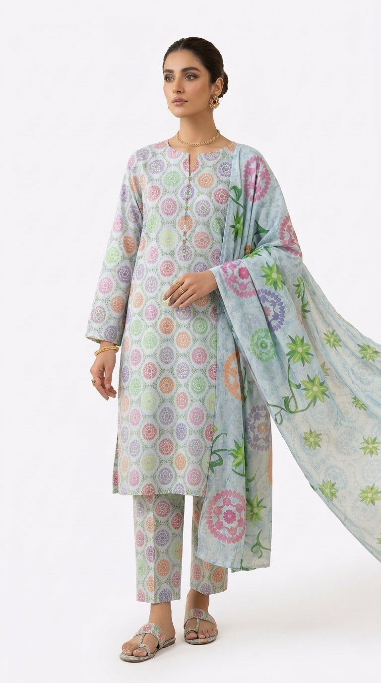 Detail shot of the dramatically oversized tropical floral print in hot pink, violet, and vivid green on a sheer powder blue bamber chiffon dupatta