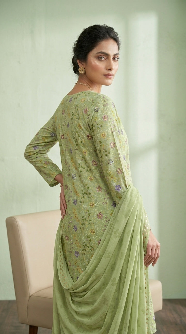 Close-up portrait of a model in a soft sage pistachio Pakistani luxury lawn suit with all-over multicolour ditsy floral print, showing the V-notch neckline with fabric-covered button placket and contrast peach-gold chiffon dupatta draped over the shoulder, sage green wall background