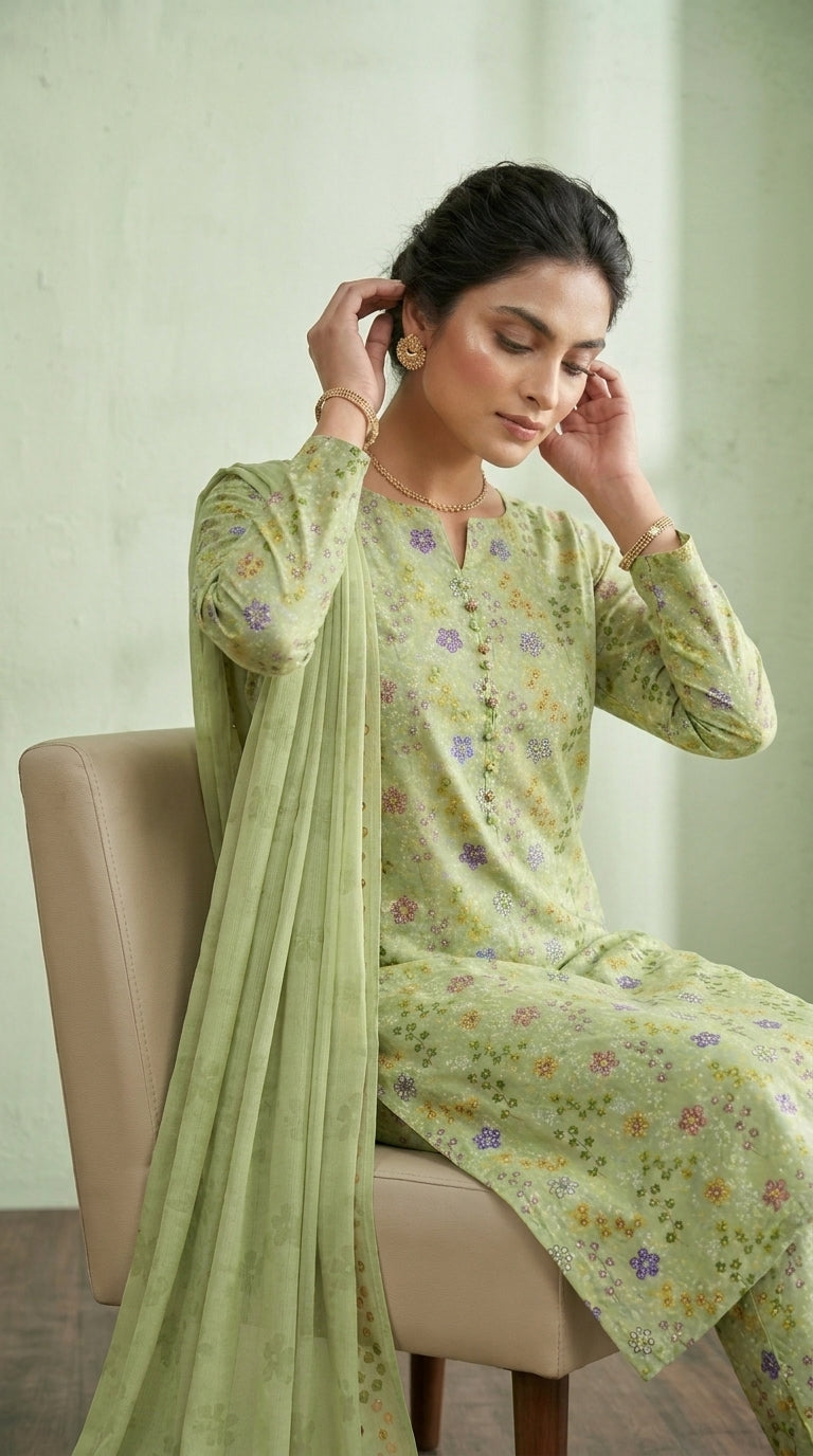 Full length front view of a model in a soft sage pistachio Pakistani luxury lawn suit with all-over multicolour ditsy floral print, matching printed trouser, and contrast peach-gold chiffon dupatta with matching floral border draped over one shoulder, white studio background