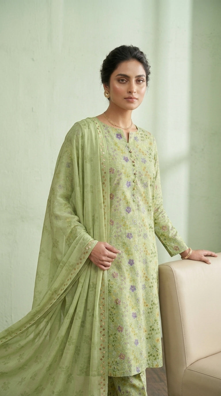 Model seated on a cream armchair in a soft sage pistachio luxury lawn suit with all-over multicolour ditsy floral print, matching printed trouser, and contrast peach-gold chiffon dupatta draped over the arm, sage green wall background