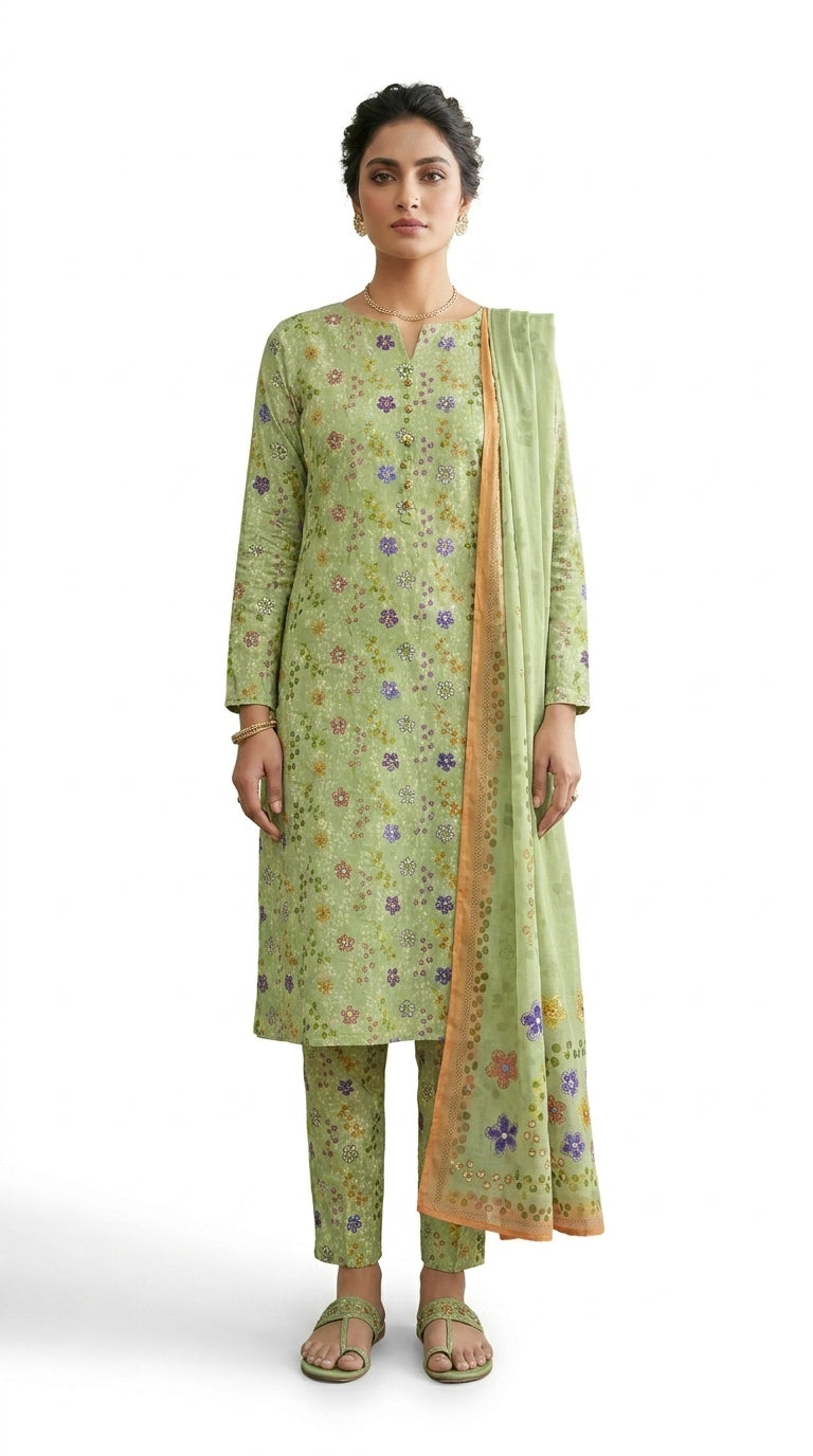 Full length back view of a model turning and holding out the contrast peach-gold chiffon dupatta with matching floral border in a white Mughal archway courtyard, soft sage pistachio luxury lawn suit and matching printed trouser visible, lush green garden background