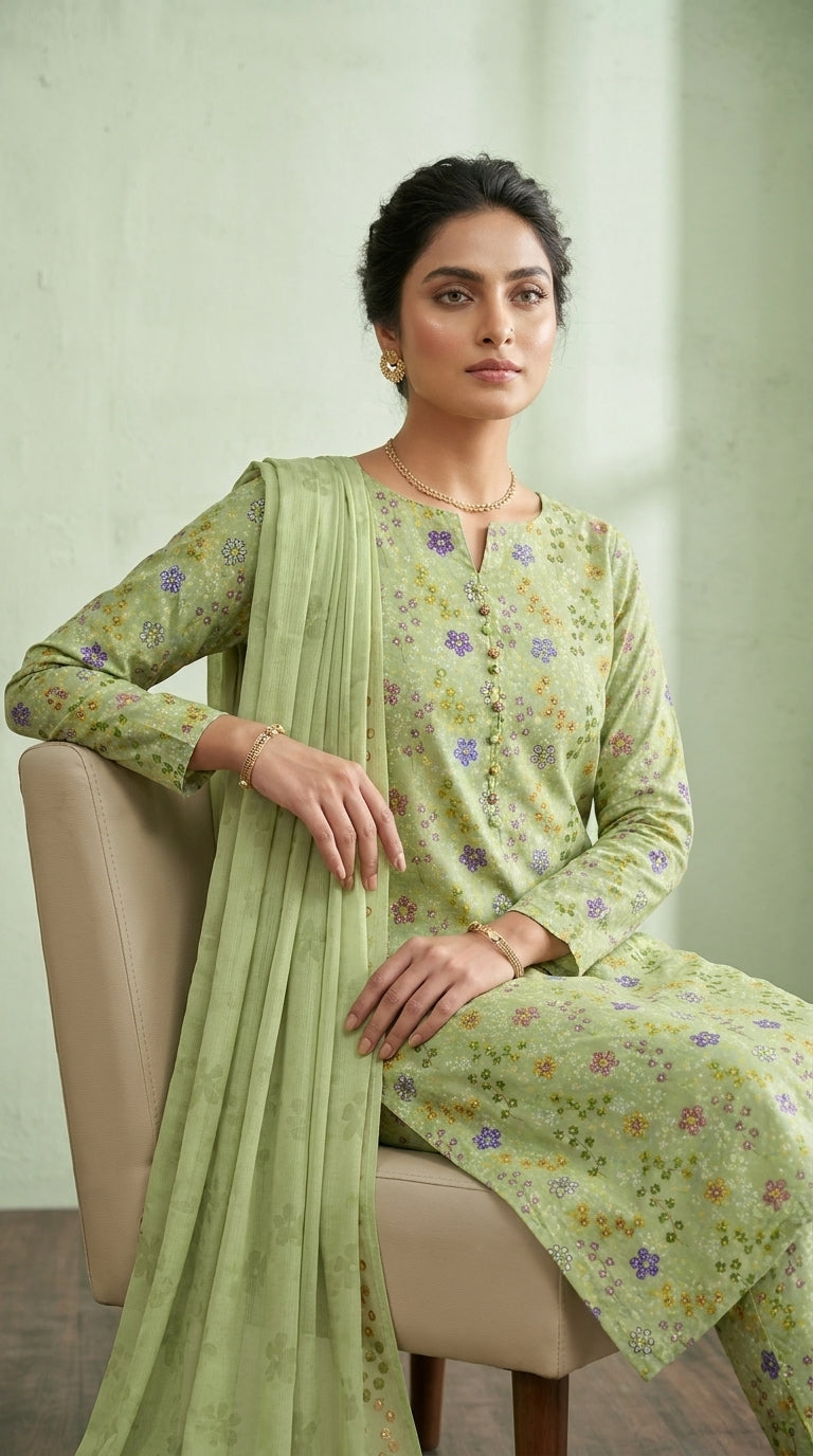 Full length front view of a model standing beside a cream armchair in a soft sage pistachio luxury lawn suit with all-over multicolour ditsy floral print, matching printed trouser, and contrast peach-gold chiffon dupatta with matching floral border draped over one shoulder, sage green wall background