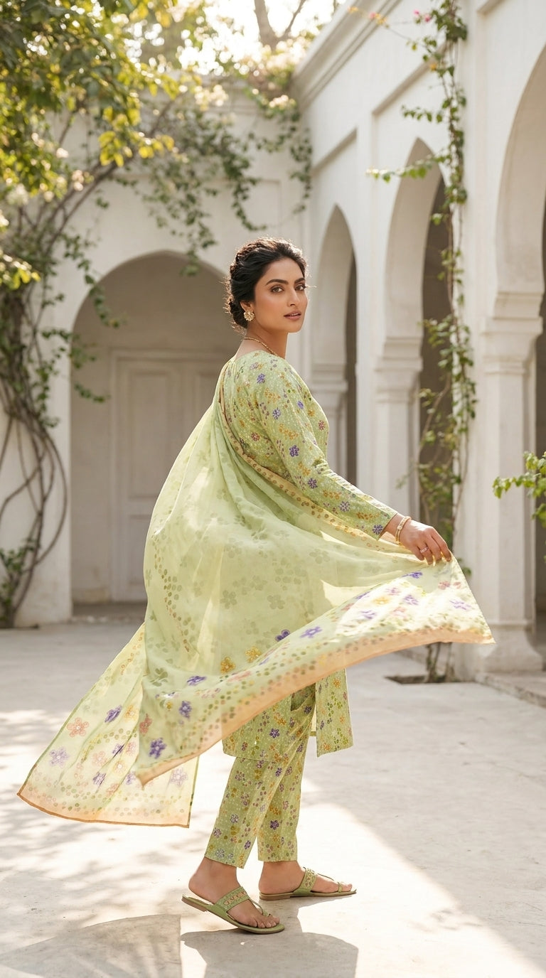 Close-up detail of the V-notch neckline with fabric-covered button placket on a soft sage pistachio luxury lawn shirt with all-over multicolour ditsy floral print in lavender, marigold, blush, and coral, contrast peach-gold chiffon dupatta draped alongside, sage green background