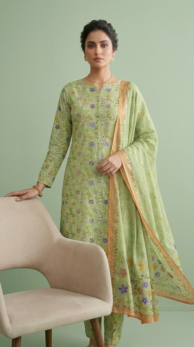 Full length front view of a model in a soft sage pistachio luxury lawn suit with all-over multicolour ditsy floral print, matching printed trouser, and contrast peach-gold chiffon dupatta draped symmetrically, warm beige studio background