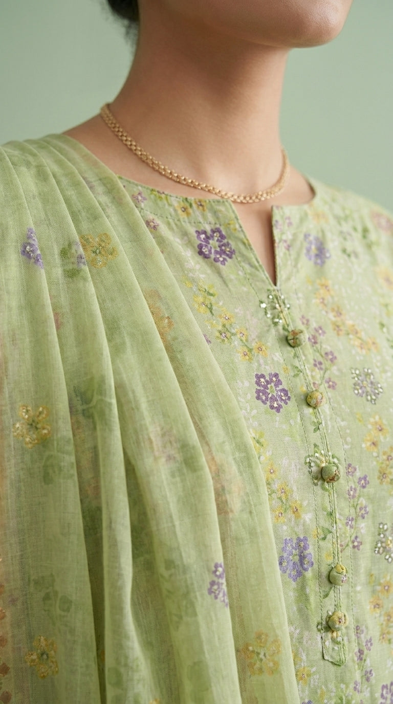 Full length back view of a model in a soft sage pistachio luxury lawn suit with matching printed trouser and contrast peach-gold chiffon dupatta with matching floral border trailing behind, warm beige studio background
