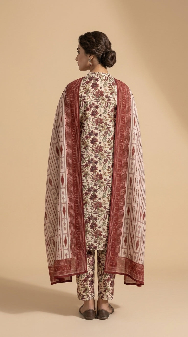 Close-up portrait of a model in an antique ivory botanical lawn suit with a contrast ikat stripe chiffon dupatta draped across the chest, antique gold jhumka earrings, Mughal stone wall background