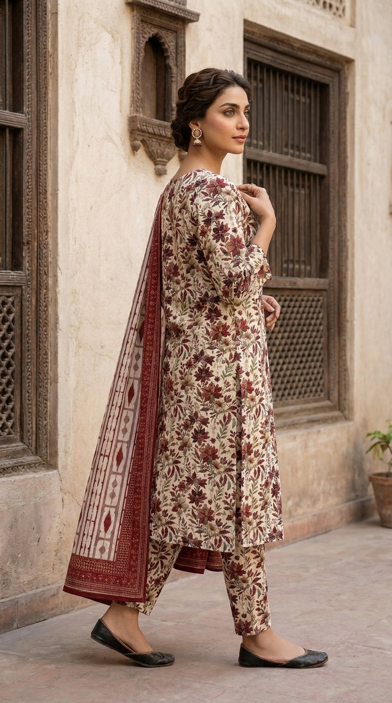 Side portrait of a model in an antique ivory botanical floral lawn suit with a geometric ikat stripe chiffon dupatta draped over one shoulder, looking away, Mughal carved wooden door background