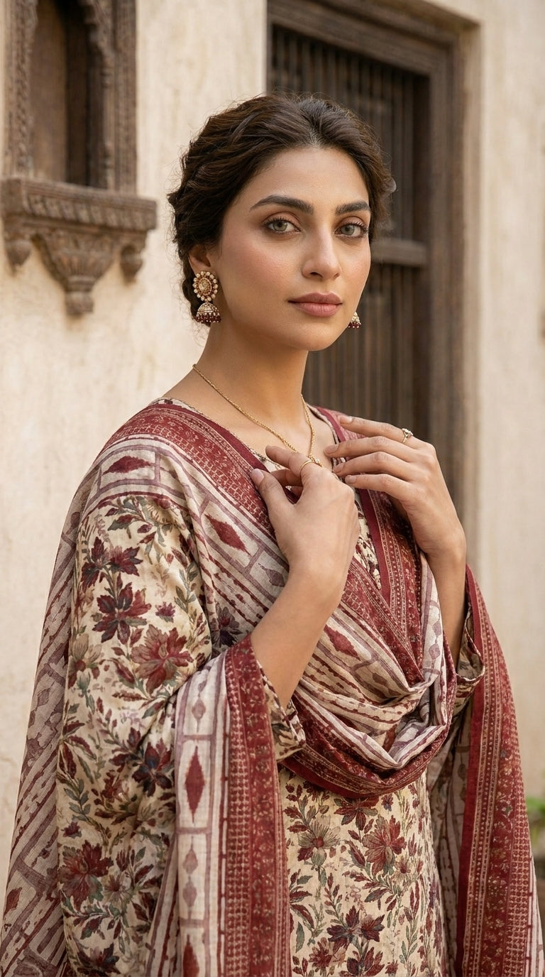 Full length front view of a model in an antique ivory Pakistani 3-piece lawn suit with all-over dense botanical print, matching printed trouser, and contrast ikat stripe chiffon dupatta spread wide, white studio background
