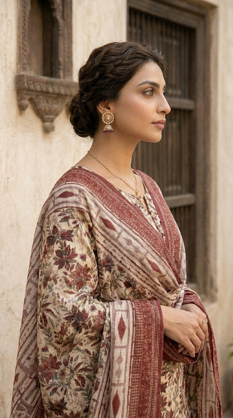 Full length front view of a model in an antique ivory botanical lawn suit with the contrast ikat stripe bamber chiffon dupatta draped symmetrically over both shoulders, white studio background