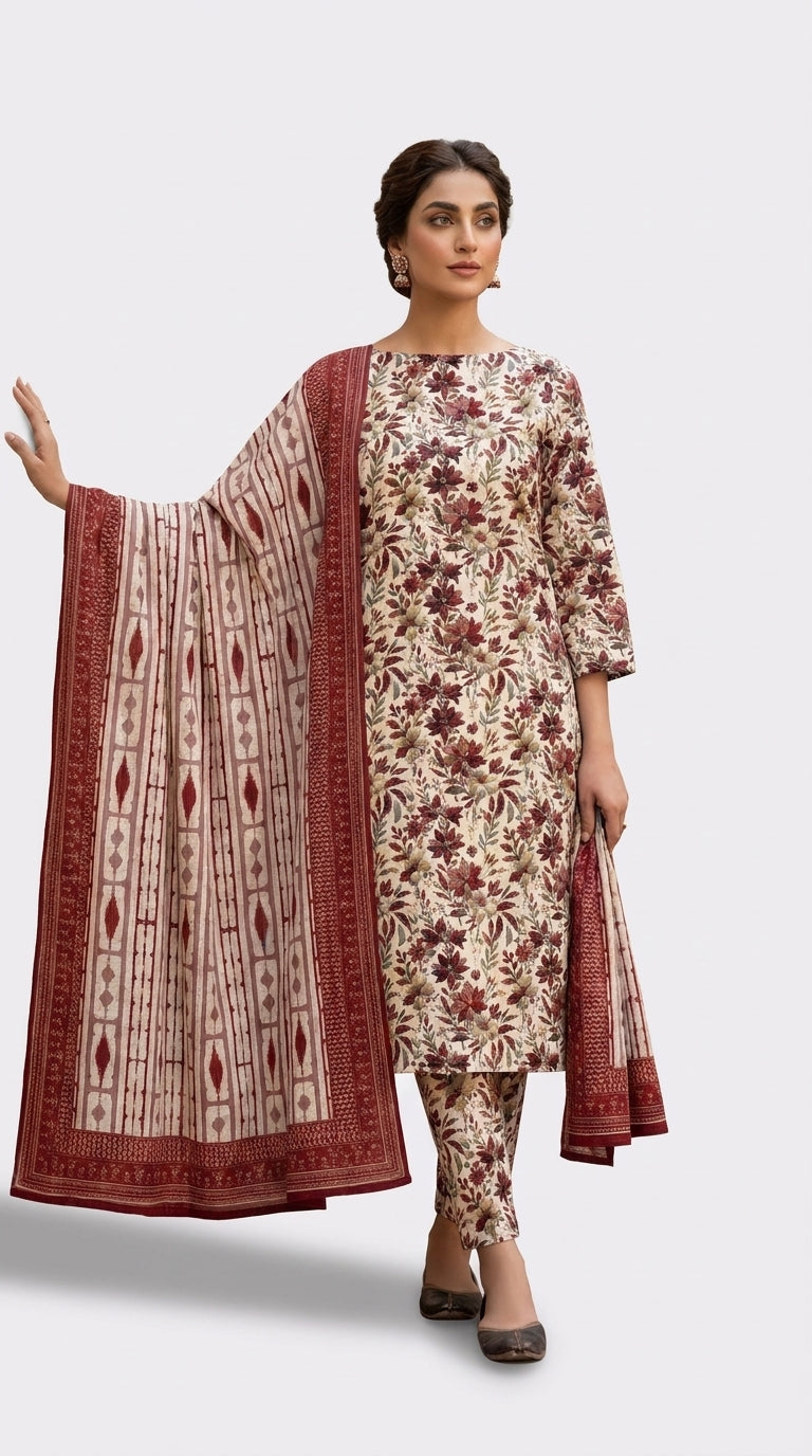 Detail shot of the geometric ikat stripe pattern and rich crimson border with gold and red threadwork motifs on a sheer blush bamber chiffon dupatta