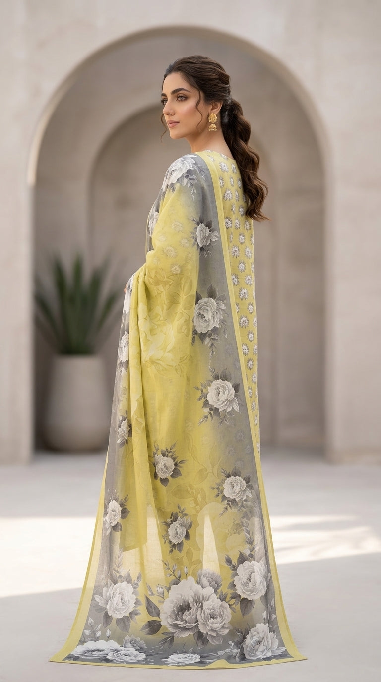 Back view of a model in a citrine yellow floral lawn suit with matching printed trouser and sheer contrast chiffon dupatta, studio background