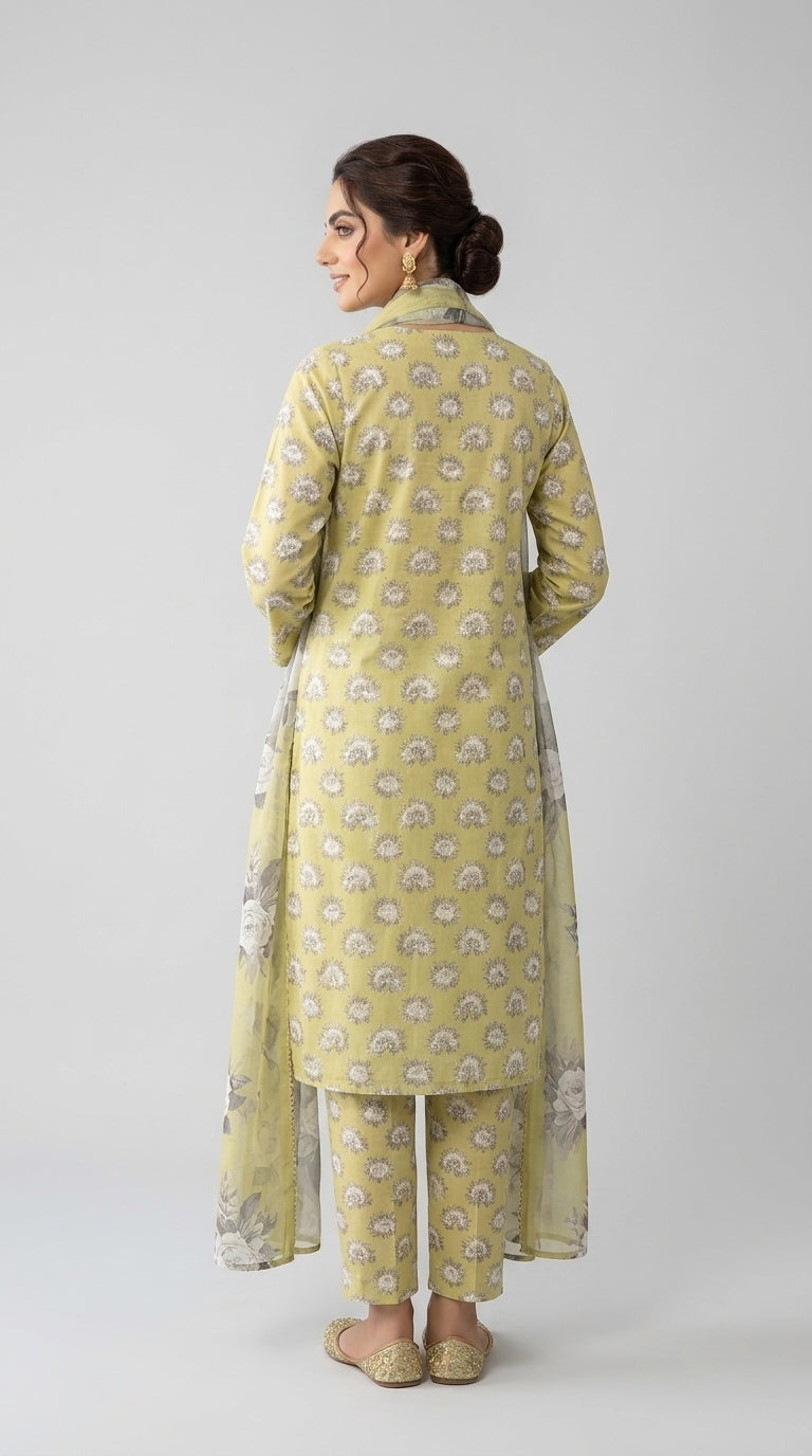 Close-up of the V-notch neckline with pearl button placket and gold lace trim on a citrine yellow digitally printed luxury lawn shirt