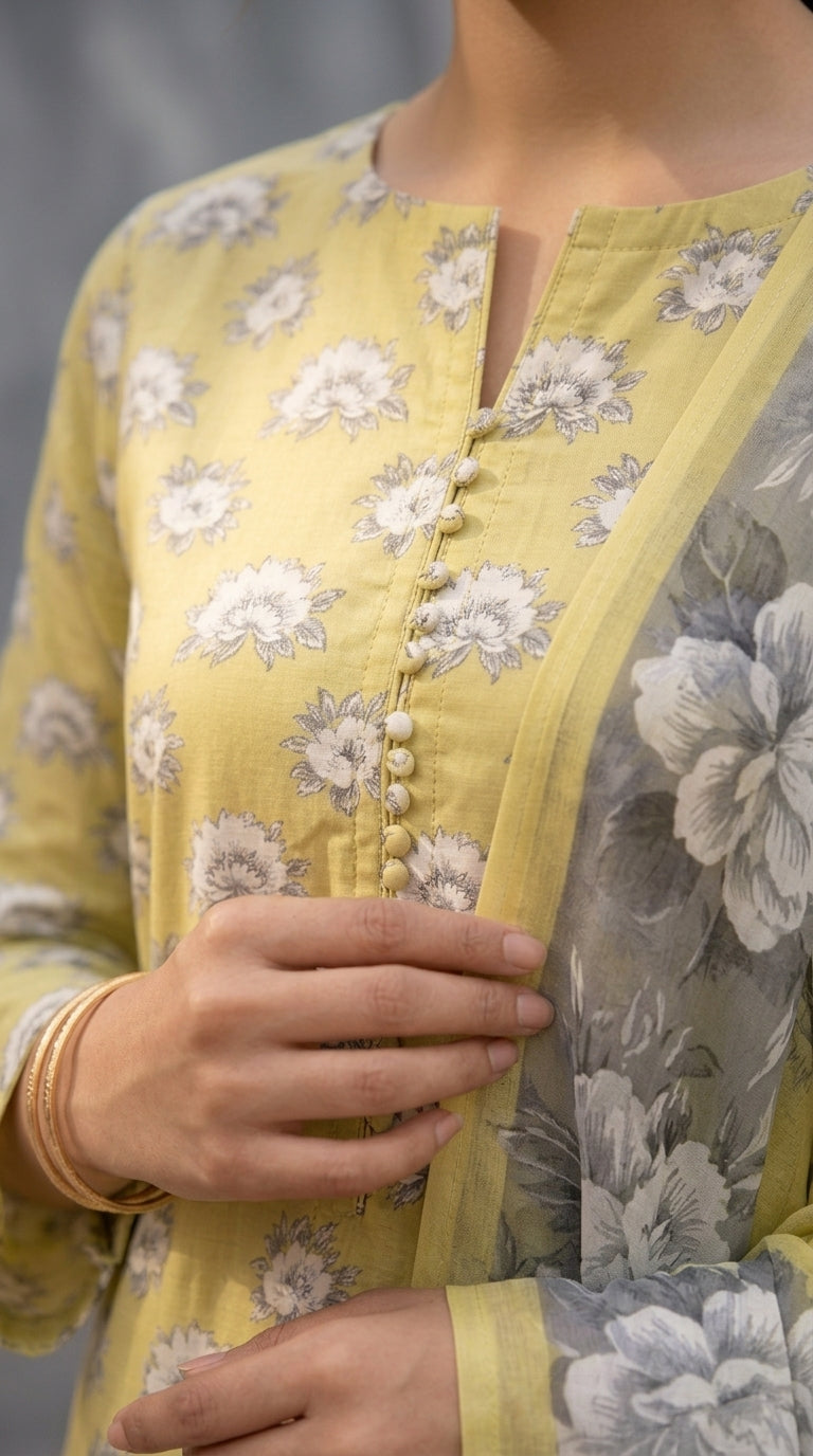 Full length front view of a model in a citrine yellow Pakistani lawn suit with grey peony print, leaning against a stone pillar in a courtyard