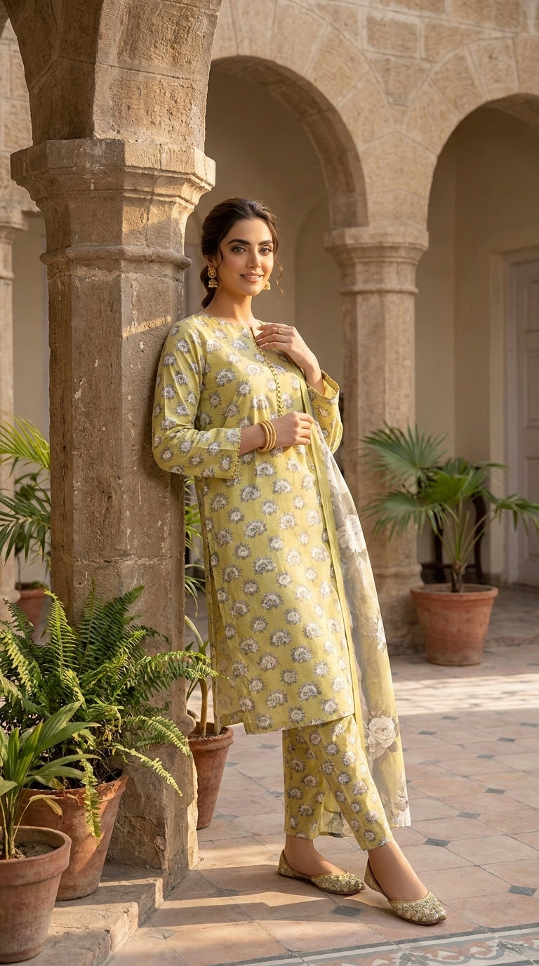 Back view of a model in a citrine yellow luxury lawn suit with a voluminous contrast grey and yellow bamber chiffon dupatta featuring oversized ivory peonies, by a window