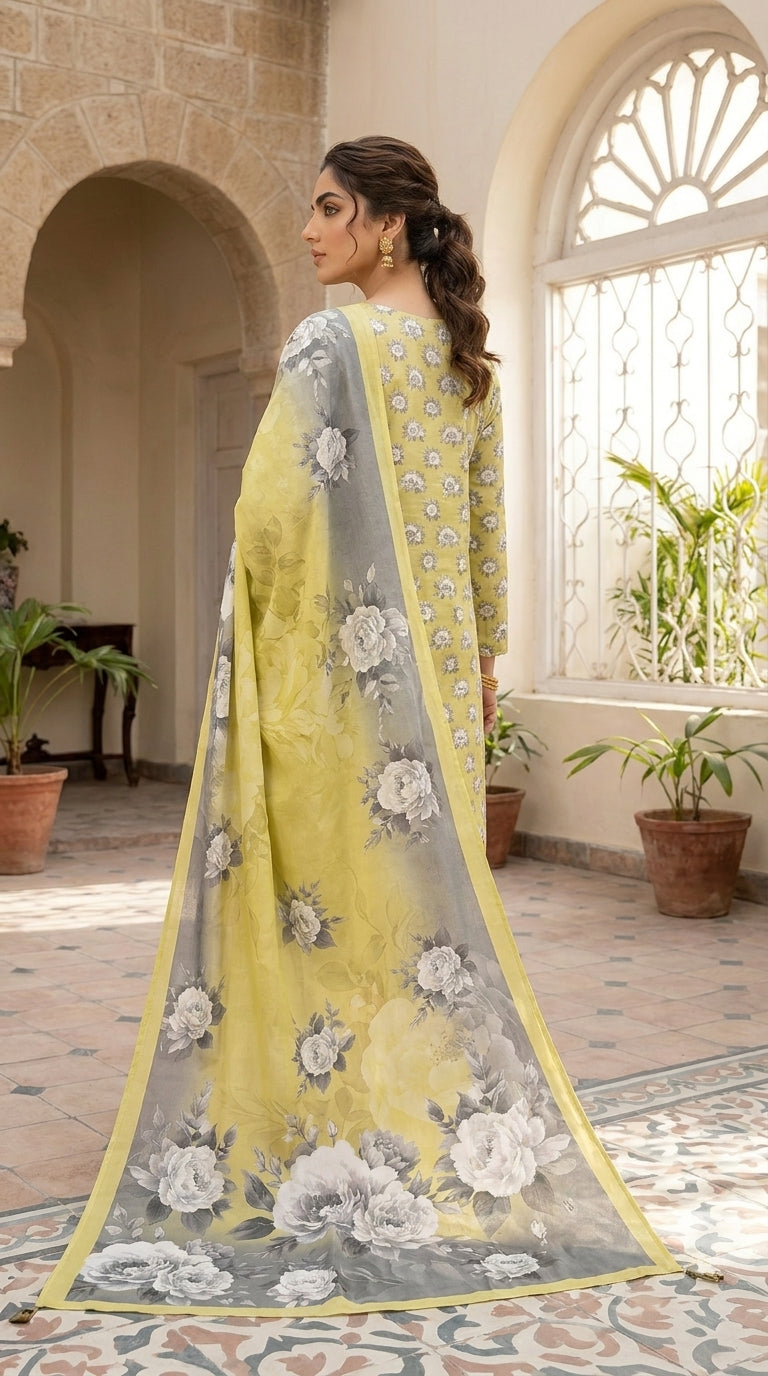 Model seated on a carved wooden chair wearing a citrine yellow floral lawn suit with a grey peony print dupatta draped across the lap