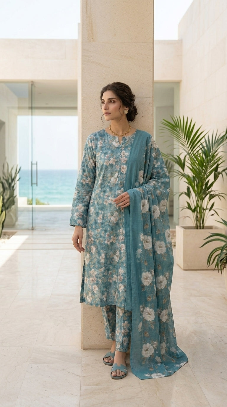 Full length action shot of a model twirling and holding out the matching sheer teal chiffon dupatta with oversized white peonies, teal blue blossom lawn suit and matching printed trouser visible, warm white studio background