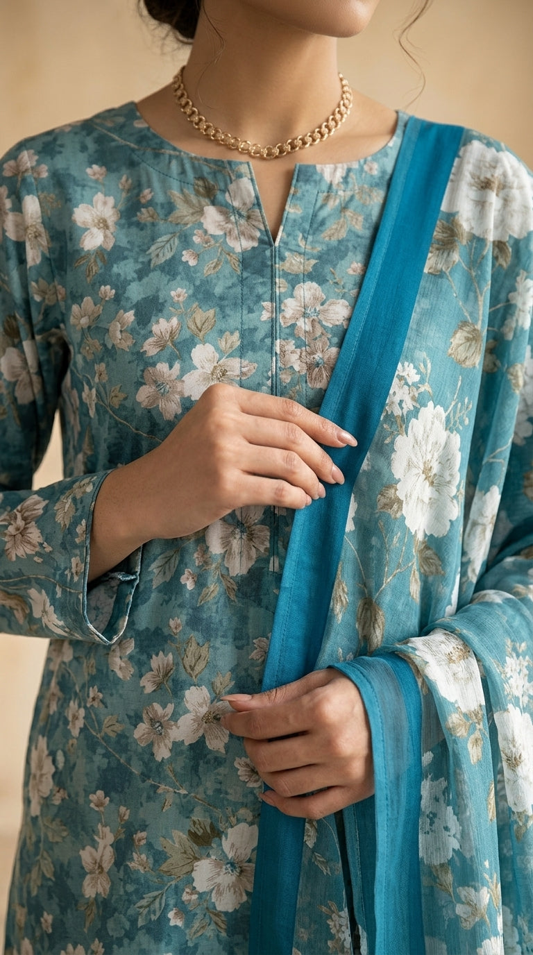 Full length front view of a model leaning against a carved wooden pillar in a Mughal courtyard wearing a teal blue blossom lawn suit with matching printed trouser and matching sheer chiffon dupatta draped over one shoulder, lush green garden background