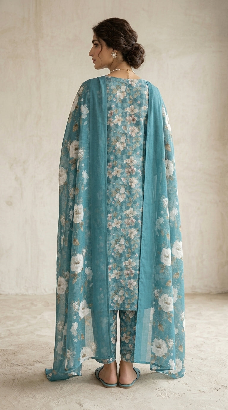 Close-up side portrait of a model in a teal blue blossom lawn suit adjusting pearl stud earrings, matching sheer chiffon dupatta draped over the shoulder, gold rings on fingers, warm beige background