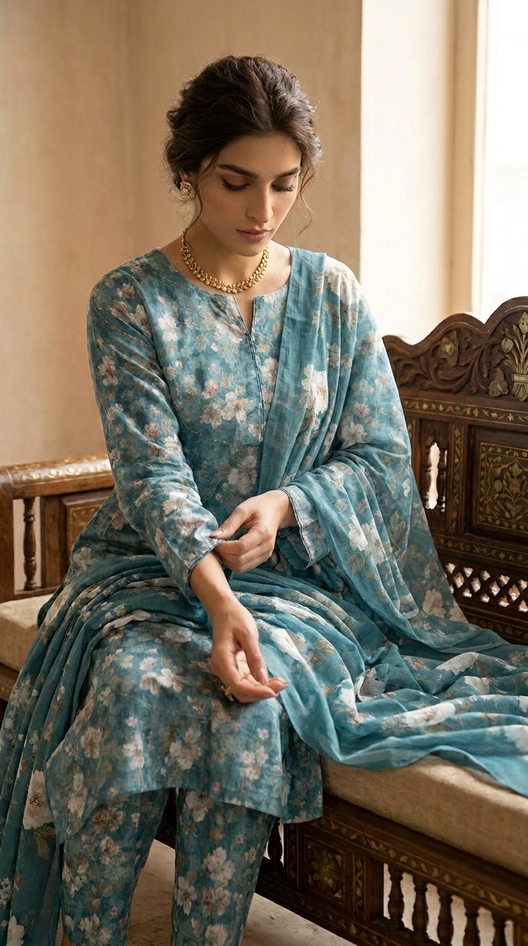 Full length front view of a model walking in a teal blue Pakistani luxury lawn suit with all-over scattered blossom and peony print, matching printed trouser, and matching sheer chiffon dupatta draped over one arm, lush green garden courtyard background