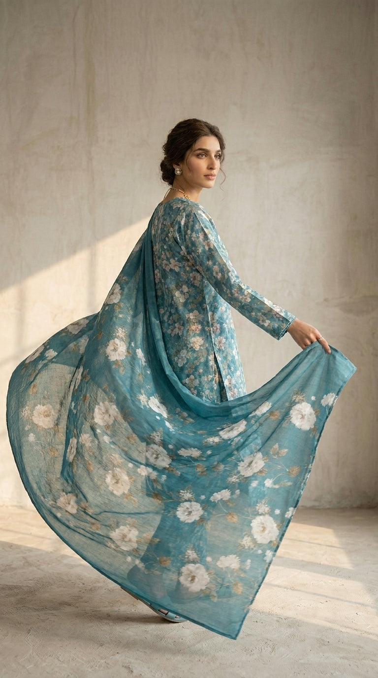 Full length front view of a model in a teal blue blossom lawn suit with matching printed trouser and matching sheer chiffon dupatta draped symmetrically, warm beige studio background