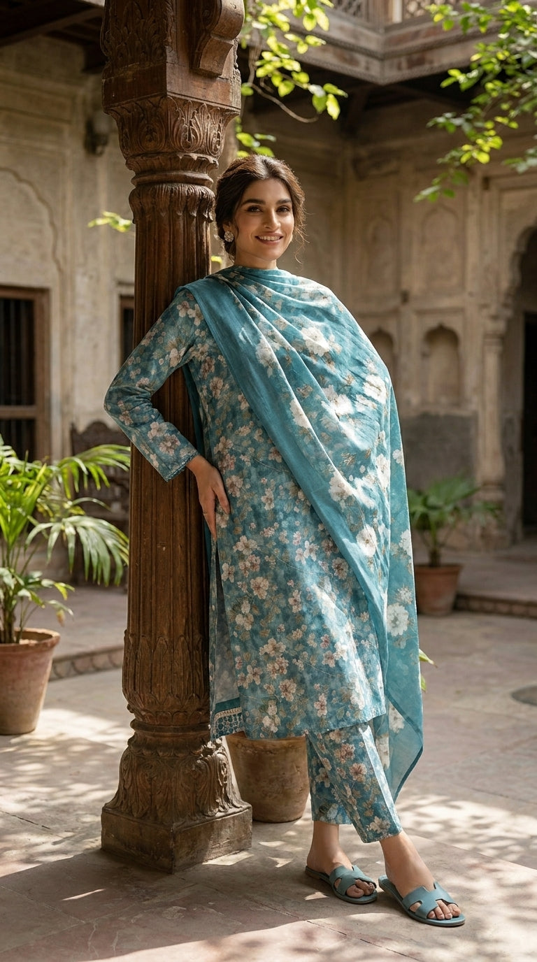 Full length back view of a model in a teal blue blossom lawn suit with matching printed trouser and matching sheer chiffon dupatta with oversized white peonies trailing behind, warm beige studio background