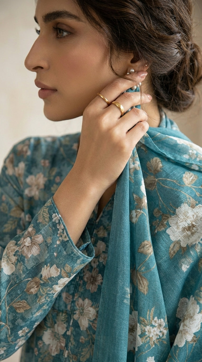 Detail close-up of the all-over scattered white cherry blossom and blush peony print on a premium teal blue 90/70 luxury lawn shirt with round neckline and button placket