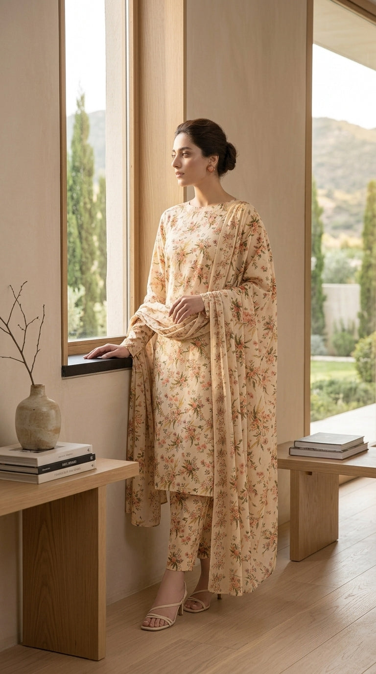 Back view of a model in a warm cream Pakistani luxury lawn suit with scattered terracotta and sage botanical bouquet print and a matching bamber chiffon dupatta, standing by a window