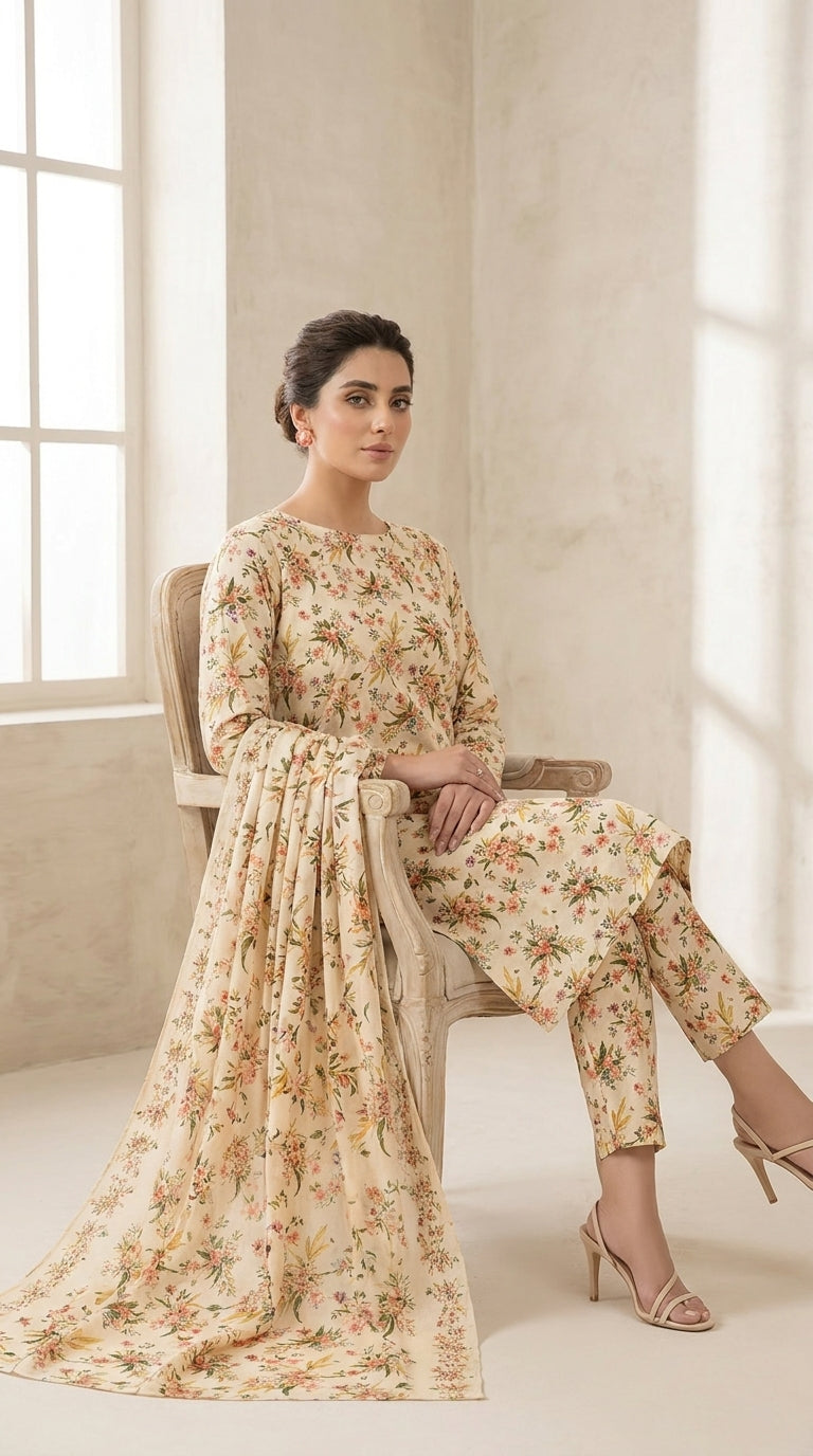 Close-up portrait of a model in a cream botanical lawn suit with pintuck neckline detail, matching chiffon dupatta draped across the chest, leaning on a wooden ledge