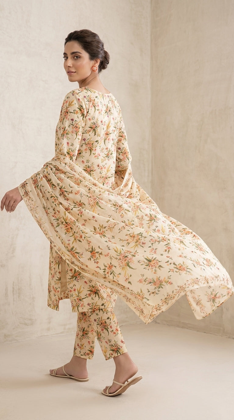 Full length front view of a model in a cream botanical print Pakistani lawn suit with a voluminous matching chiffon dupatta draped over one shoulder, walking pose by a wooden frame