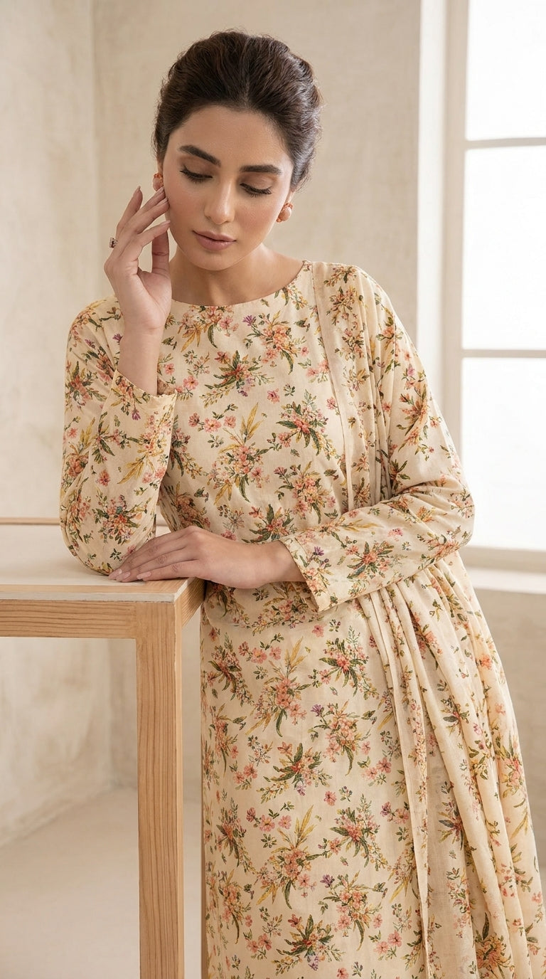 Detail shot of the all-over terracotta, sage and blush botanical bouquet print on a premium cream 90/70 luxury lawn shirt with pintuck neckline