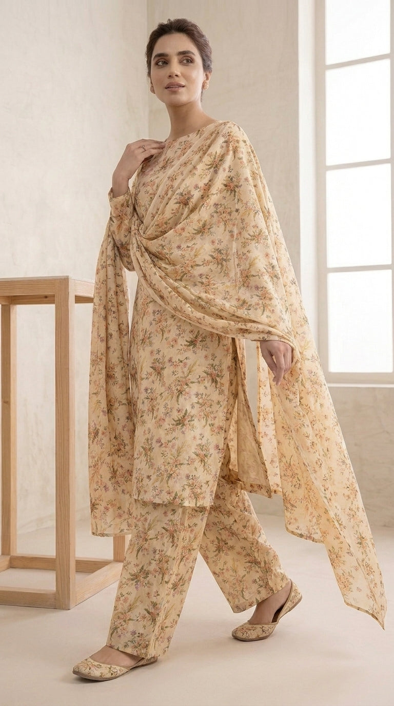 Full length back view of a model in a cream 3-piece unstitched lawn suit with scattered botanical print and a cascading matching bamber chiffon dupatta, bright studio