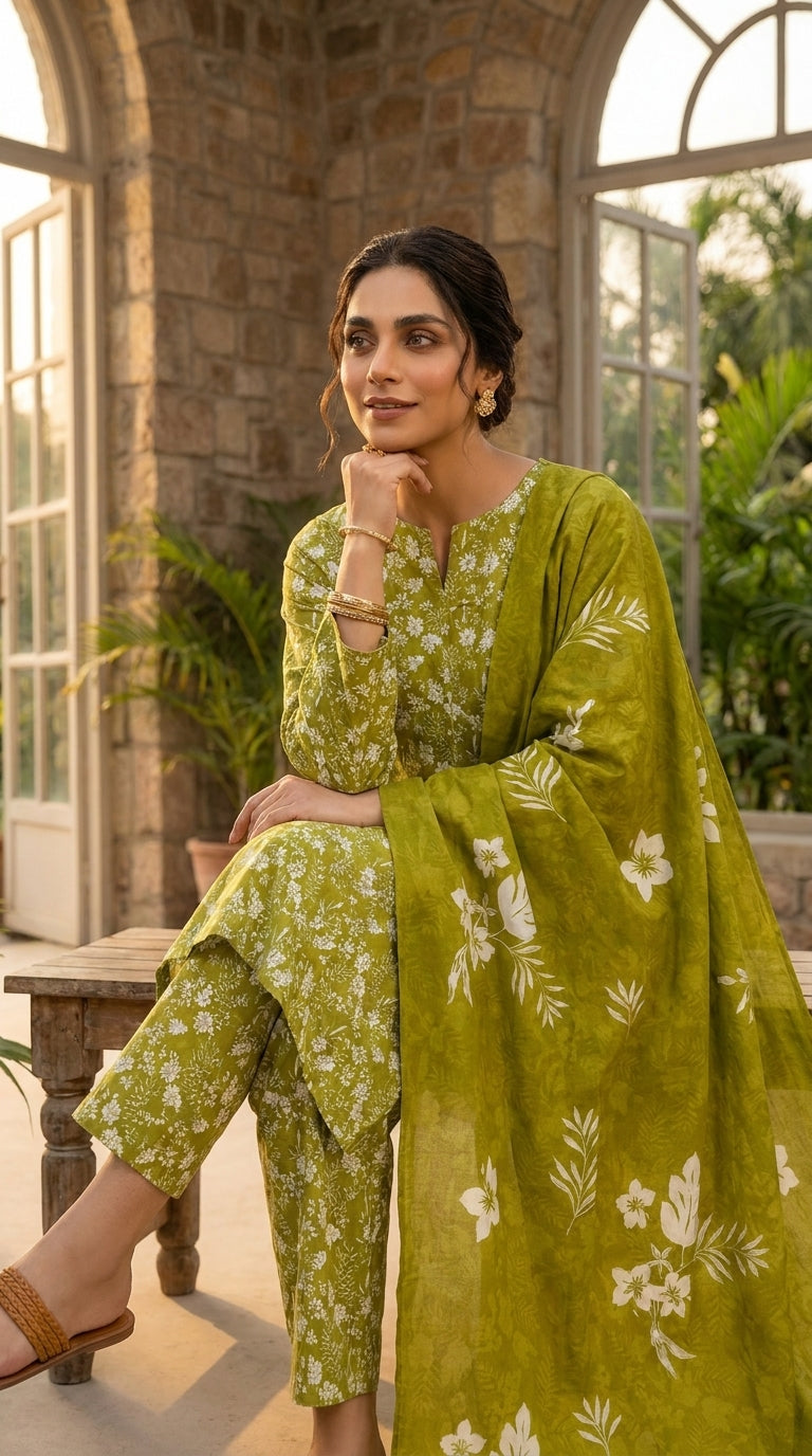 Model seated on a carved wooden bench in a golden-hour greenhouse conservatory wearing an olive chartreuse Pakistani luxury lawn suit with all-over white ditsy floral print, gold lace placket trim, matching printed trouser, and matching chiffon dupatta with oversized white hibiscus print