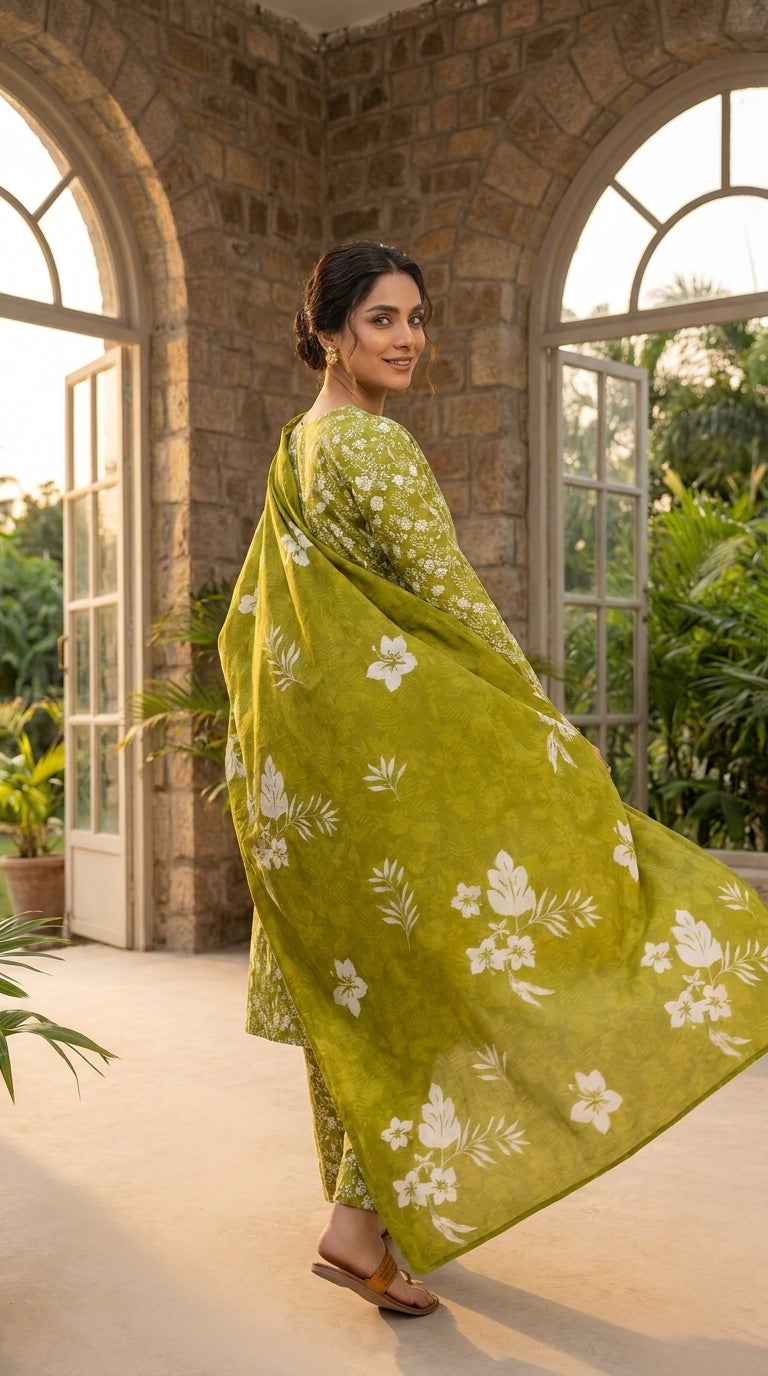 Back view of a model turning and smiling in a golden-hour greenhouse conservatory in an olive chartreuse luxury lawn suit with matching printed trouser and matching chiffon dupatta with bold oversized white hibiscus and tropical leaf print flowing behind