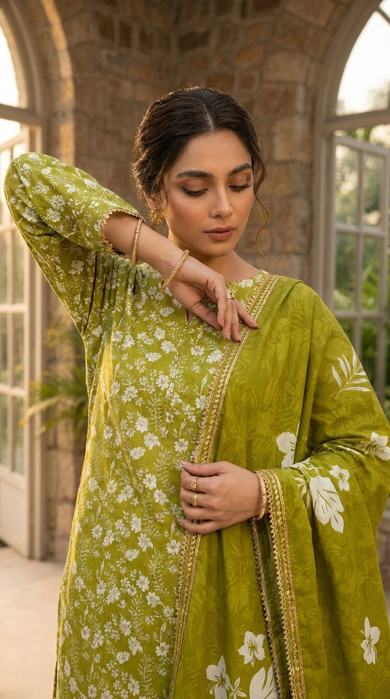 Close-up of a model in an olive chartreuse luxury lawn suit with all-over white ditsy floral print, showing the delicate gold lace trim running down the button placket and at the sleeve cuff, matching chiffon dupatta draped alongside, greenhouse archway background