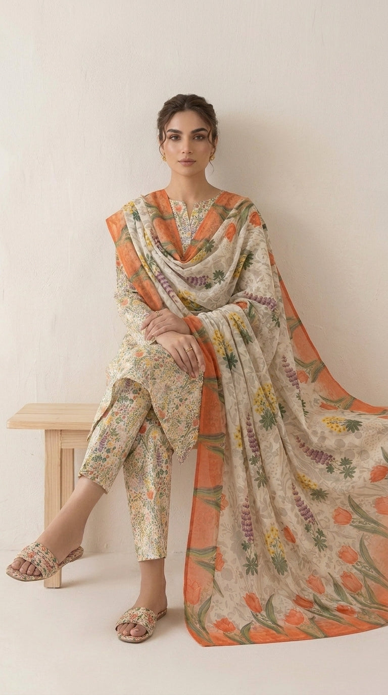 Close-up of the V-placket neckline with gold lace trim on an ivory wildflower printed luxury lawn shirt with a contrast coral tulip bamber chiffon dupatta