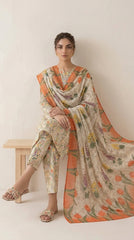 Close-up of the V-placket neckline with gold lace trim on an ivory wildflower printed luxury lawn shirt with a contrast coral tulip bamber chiffon dupatta