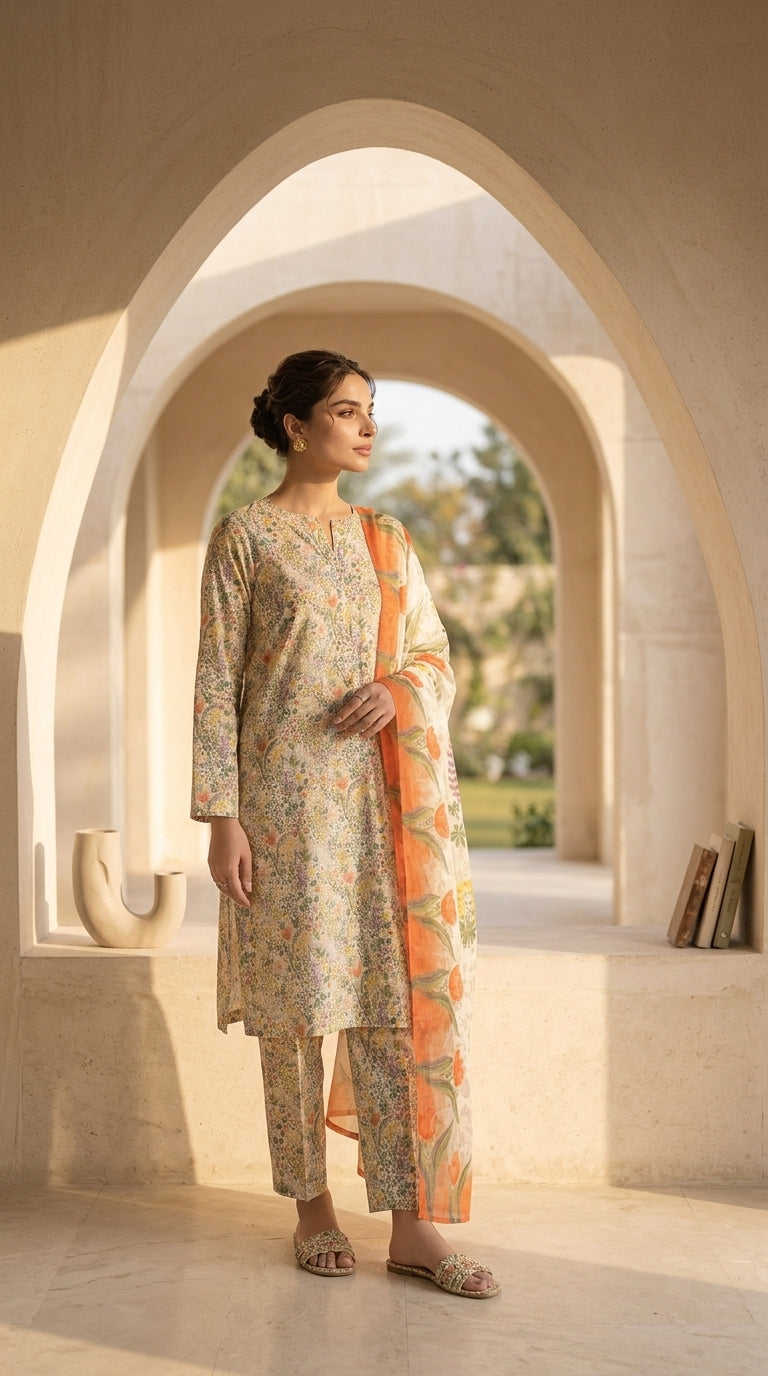 Model smiling and walking with the coral tulip bamber chiffon dupatta spread wide, ivory wildflower printed lawn suit and matching printed trouser