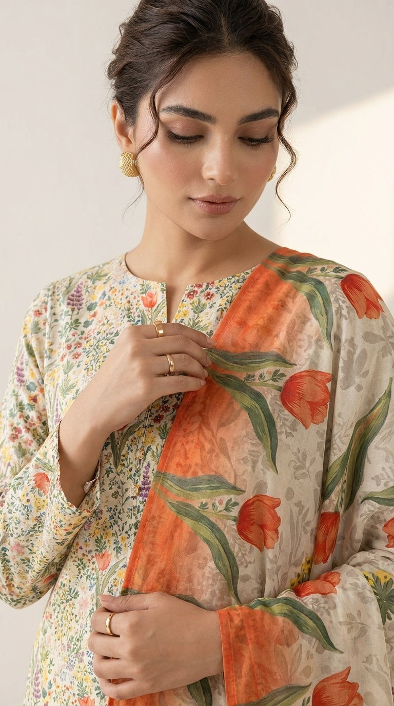 Full length front view of a model in an ivory wildflower luxury lawn suit standing beside a vintage gold mirror, coral tulip dupatta draped over one shoulder