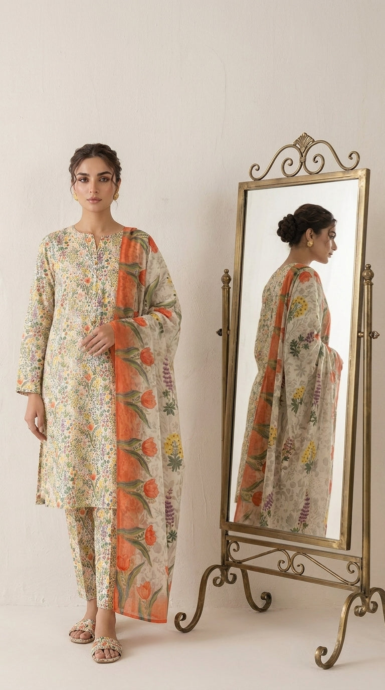 Detail shot of the oversized coral tulip and green stem print on a sheer ivory bamber chiffon dupatta with a structured burnt orange border