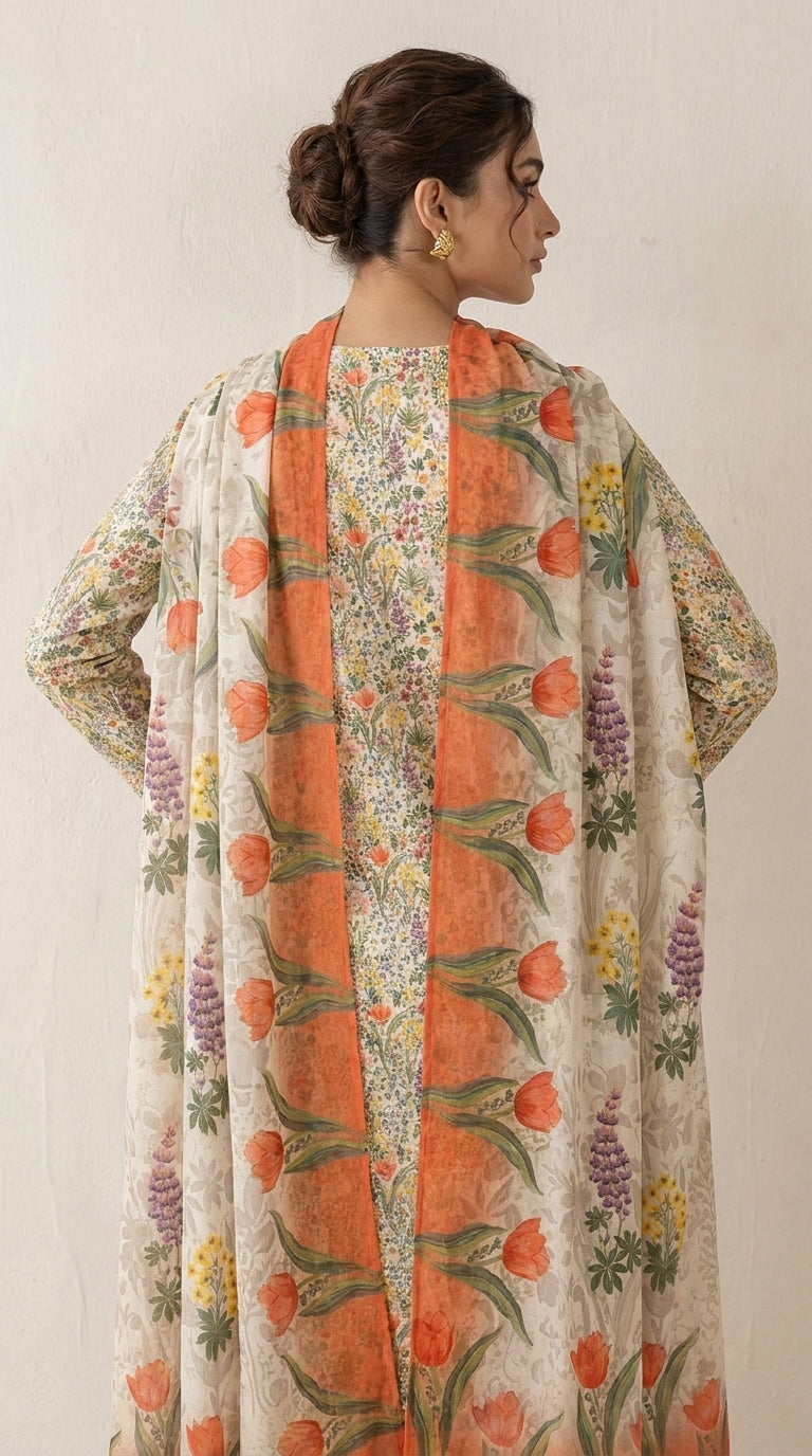 Full length back view of a model in an ivory 3-piece unstitched lawn suit with scattered wildflower print and a cascading coral tulip chiffon dupatta