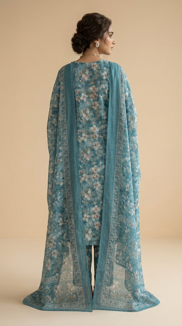 Back view of a model in a deep teal 3-piece unstitched lawn suit with ivory floral print and structured chiffon dupatta border