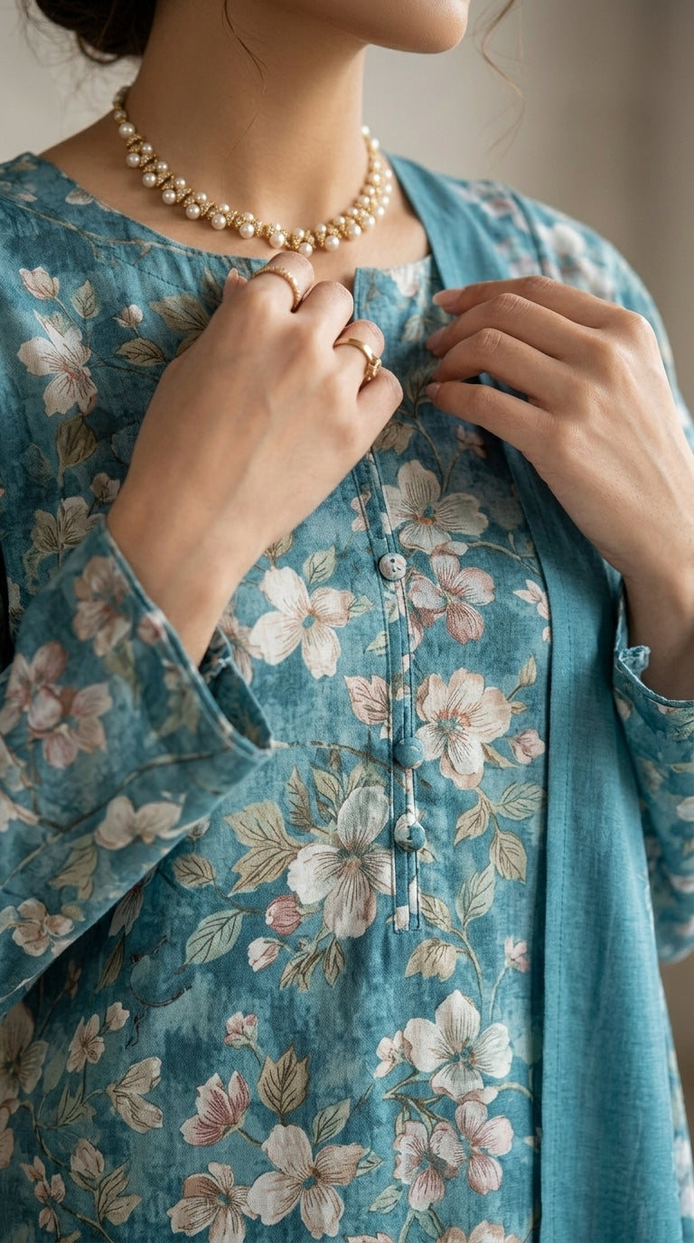 Close-up detail of the button placket neckline and ivory cherry blossom print on a premium teal luxury lawn shirt