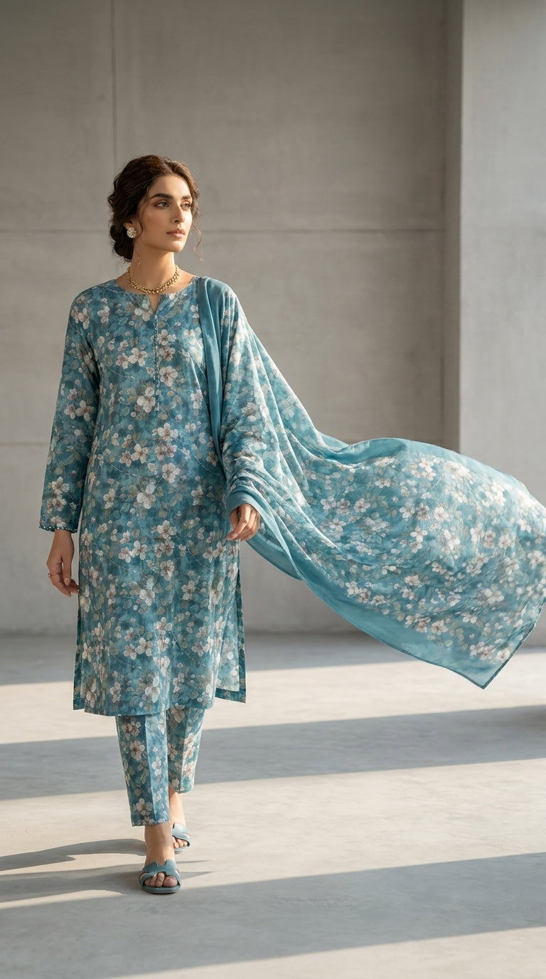 Full length front view of a model in a deep teal Pakistani luxury lawn suit with ivory cherry blossom print and a flowing bamber chiffon dupatta