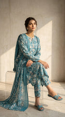 Model seated wearing a deep teal floral lawn suit with a cascading printed bamber chiffon dupatta draped over the shoulder
