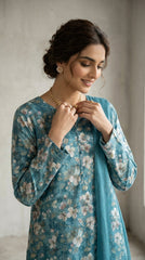 Close-up of a model smiling in a teal floral lawn suit, showcasing the round neckline with button placket detail