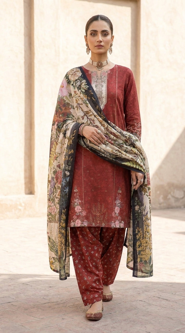 Crimson Garden Opulence - Walking front dupatta drape