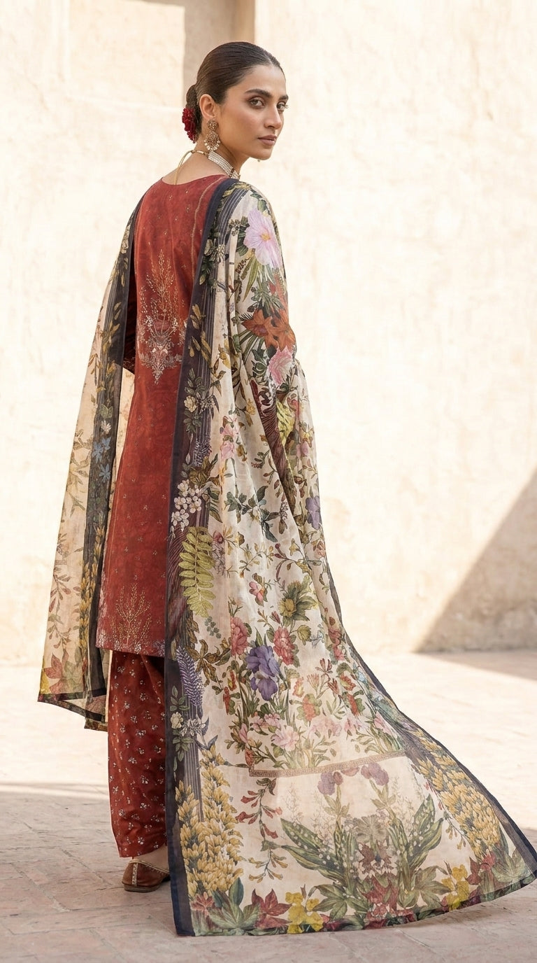Crimson Garden Opulence - Back dupatta trail view