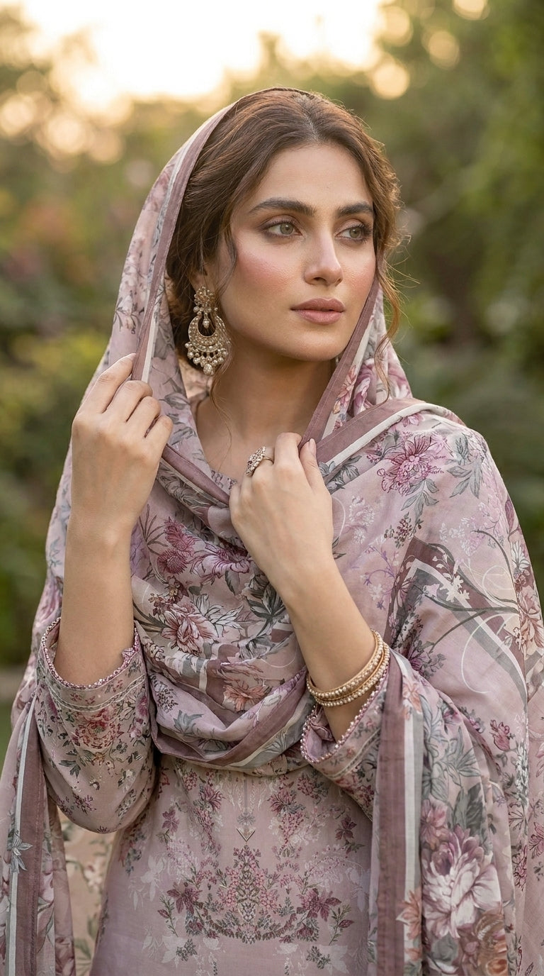 Mauve Peony Reverie - Seated bench dupatta drape